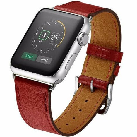 Curea iUni compatibila cu Apple Watch 1/2/3/4/5/6/7, 44mm, Single Tour, Piele, Rosu